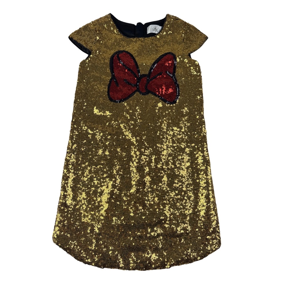 Disney Minnie Mouse Sequin Dress Kids Size 7/8 Gold Red Bow Party Shift Dress